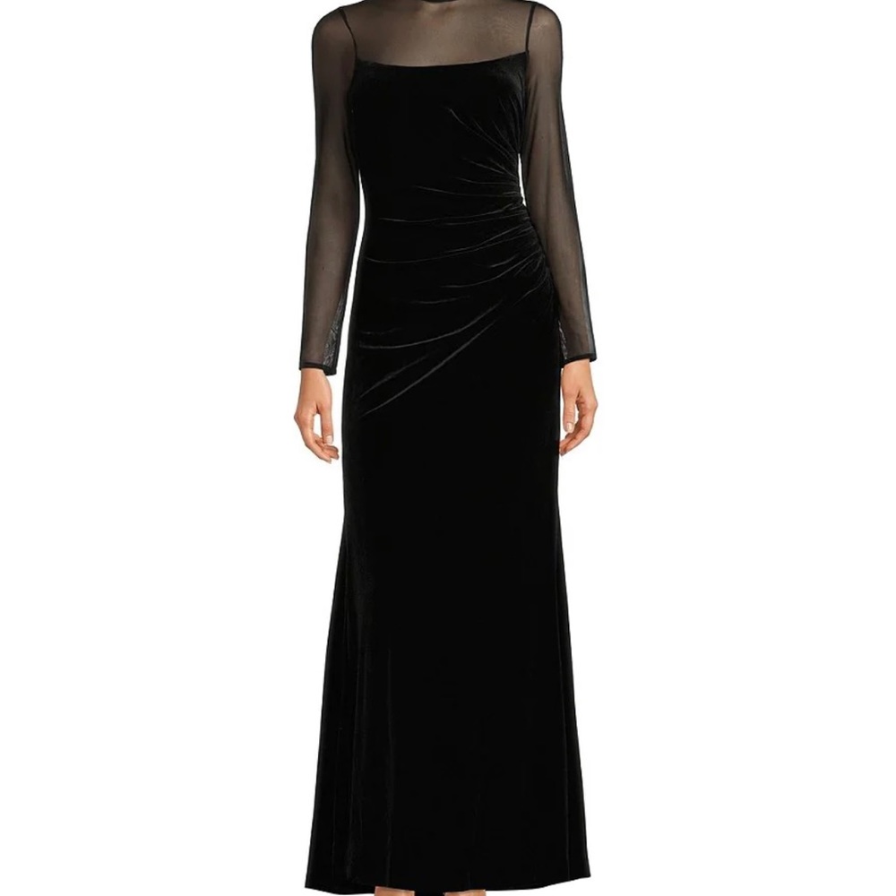 Black velvet and mesh gown with high neck and ruched waist
